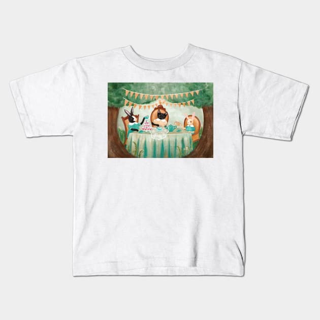 Cats and Rabbit Tea Party Kids T-Shirt by KilkennyCat Art